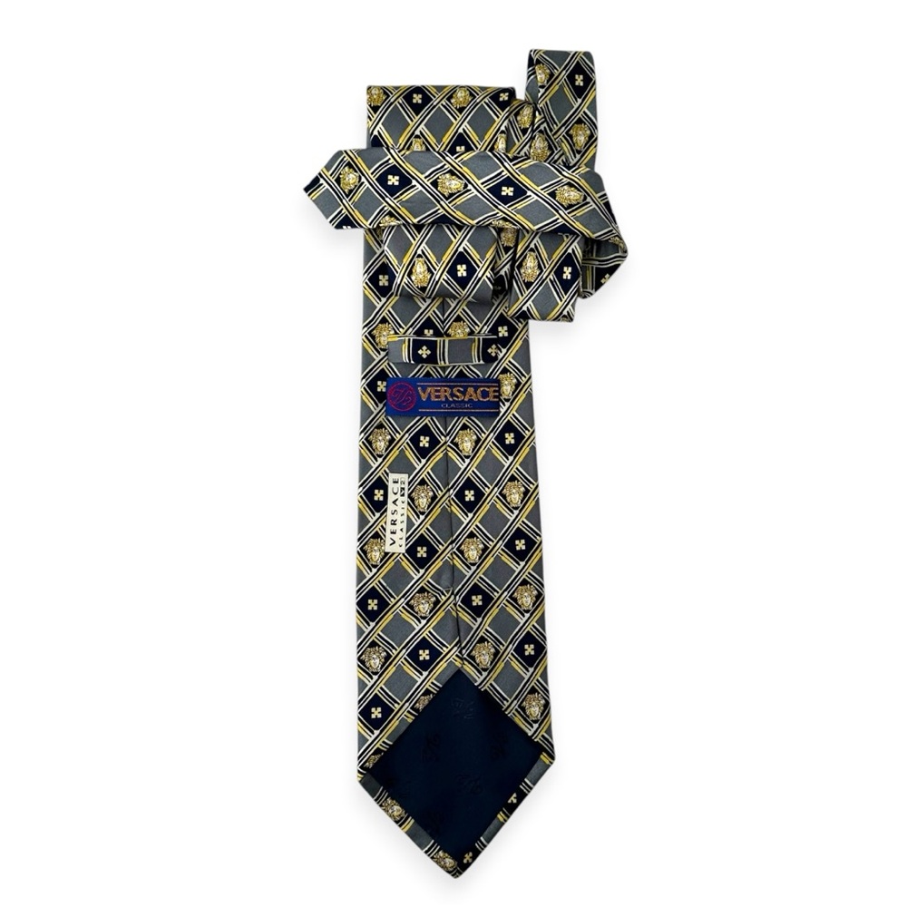 Vintage Gianni Versace Navy and Gold Geometric Silk Tie
